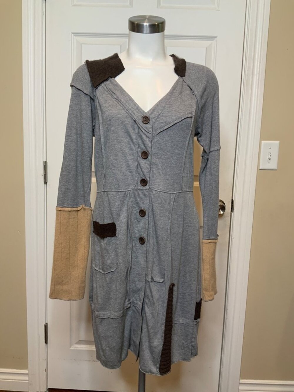 Burning Torch Gray Tan Thin Knit Long Patchwork Cardigan Sweater, Size M